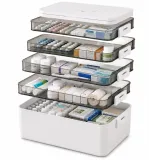 5patrový organizér na léky 31 × 31 × 17 cm – domácí lékárnička s přihrádkami, víkem, rukojetí a boxem na tablety