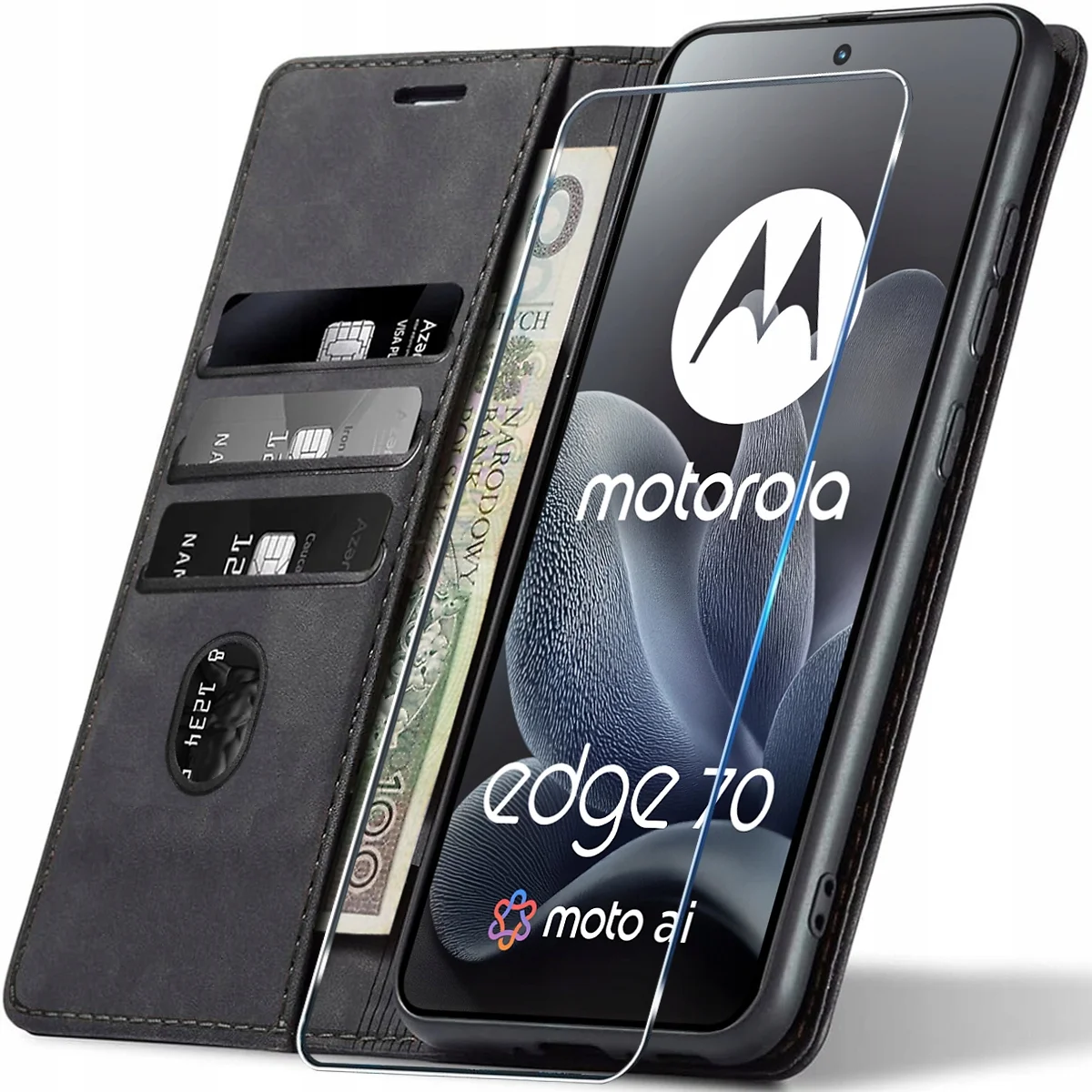 Motorola Edge 70 pouzdro knížkové kožené magnetické s přihrádkami na karty a stojánkem, ochranný obal peněženka