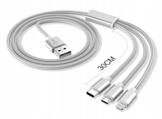 Dlouhý nabíjecí, datový nylonový kabel 3w1 pro zařízení IPHONE, MICRO USB, TYP-C