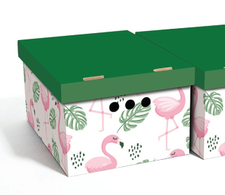 Dekorativní krabice Plameňáci a listy A4 úložný box, velikost 33x25x18cm 