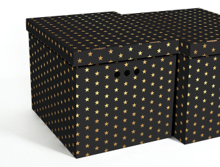 Dekorativní krabice černé / zlaté hvězdy XL, úložný box s víkem, vel. 42x32x32cm