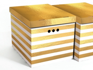 Dekorativní krabice zlaté / bílé pruhy XL úložný box, velikost 42x32x32cm