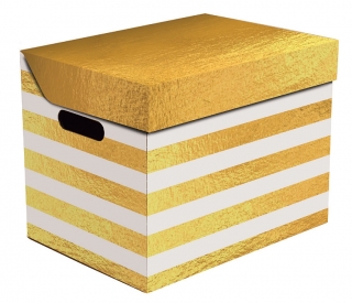 Dekorativní krabice zlaté / bílé pruhy ONE, úložný box s víkem, vel. 34x25x26cm