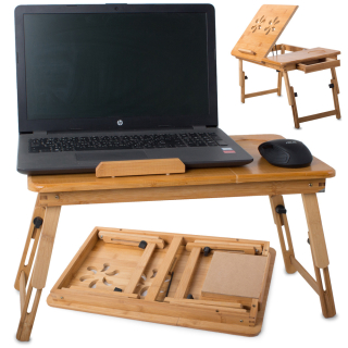 Skládací, přenosný bambusový stolek pod notebook / laptop, s regulací do postele