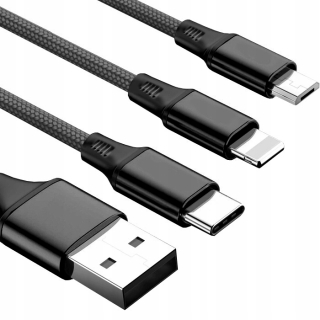 Dlouhý nabíjecí, datový nylonový kabel 3w1 pro zařízení IPHONE, MICRO USB, TYP-C